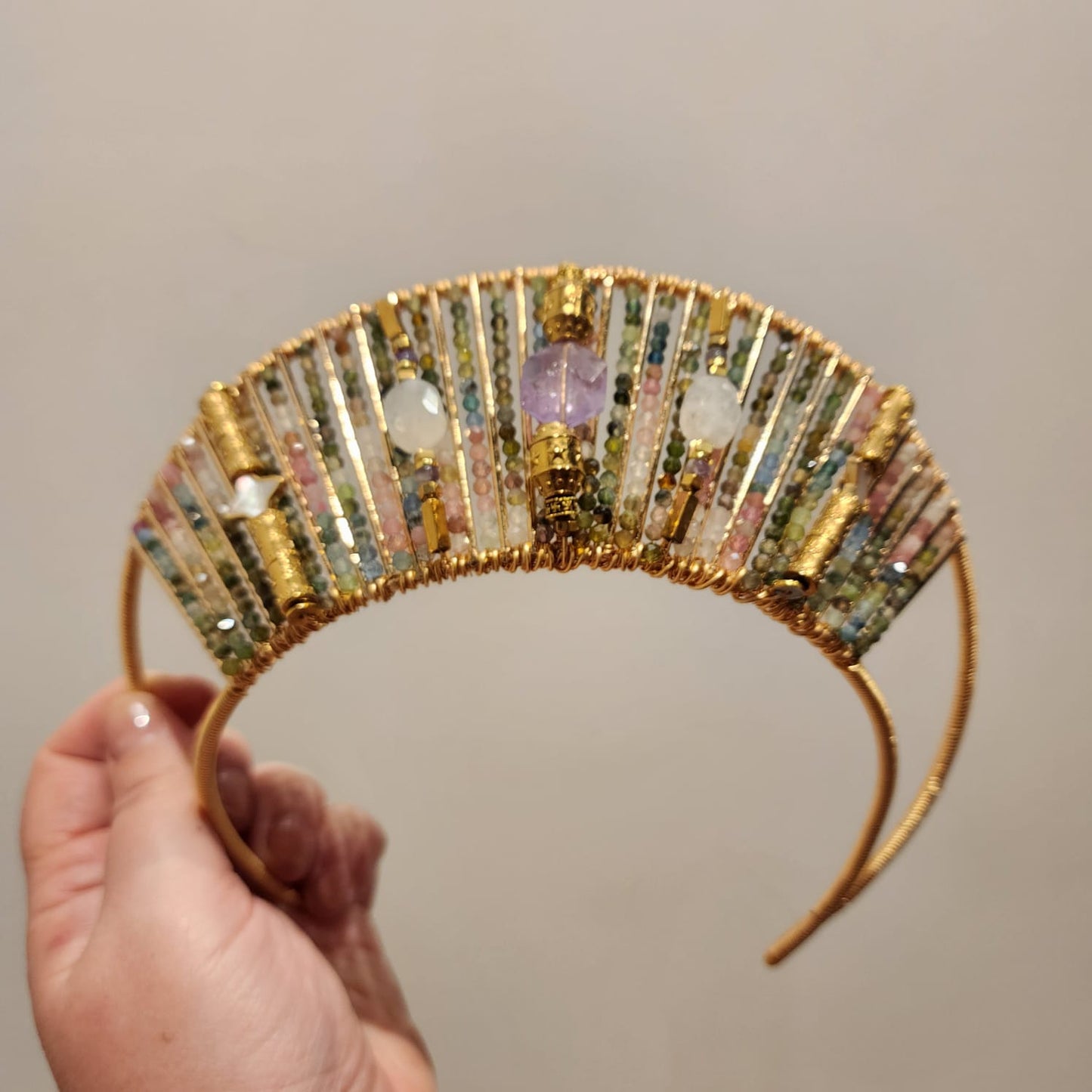 Multicoloured Tourmaline, Moonstone, Amethyst, and Gold Plated Hematite Crown