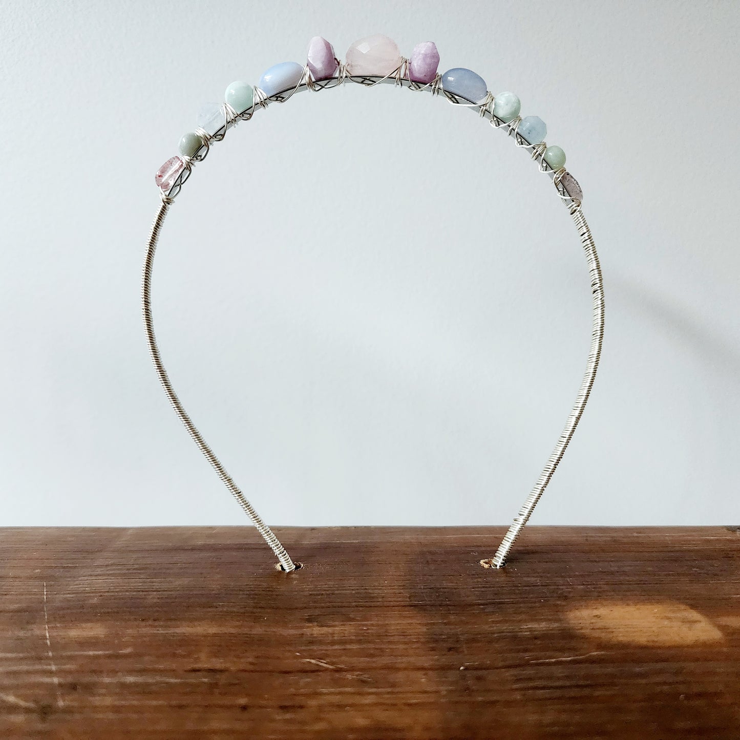 Aurora Gemstone Headband- Rose Quartz, Kunzite, Chalcedony, Green Angelite, Aquamarine, Emerald, and Strawberry Quartz