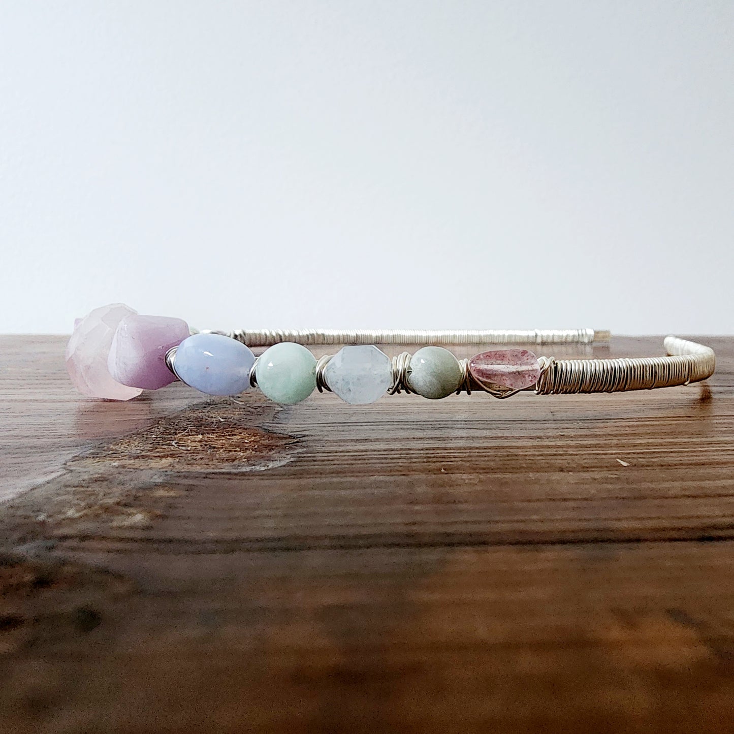 Aurora Gemstone Headband- Rose Quartz, Kunzite, Chalcedony, Green Angelite, Aquamarine, Emerald, and Strawberry Quartz