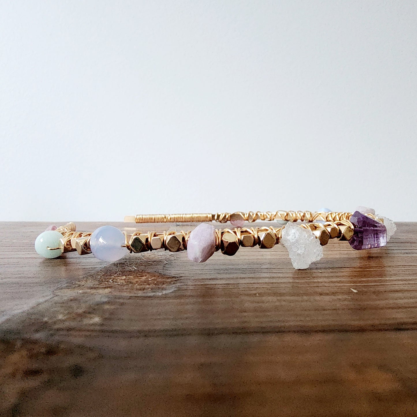 Ophelia Gemstone Headband- Amethyst, Agate Druzy, Kunzite, Chalcedony,  Green Angelite, Strawberry Quartz and Hematite