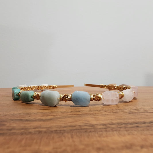 Peach Moonstone, Rose Quartz, Aquamarine, Amazonite, Moonstone and Gold Plated Hematite Headband